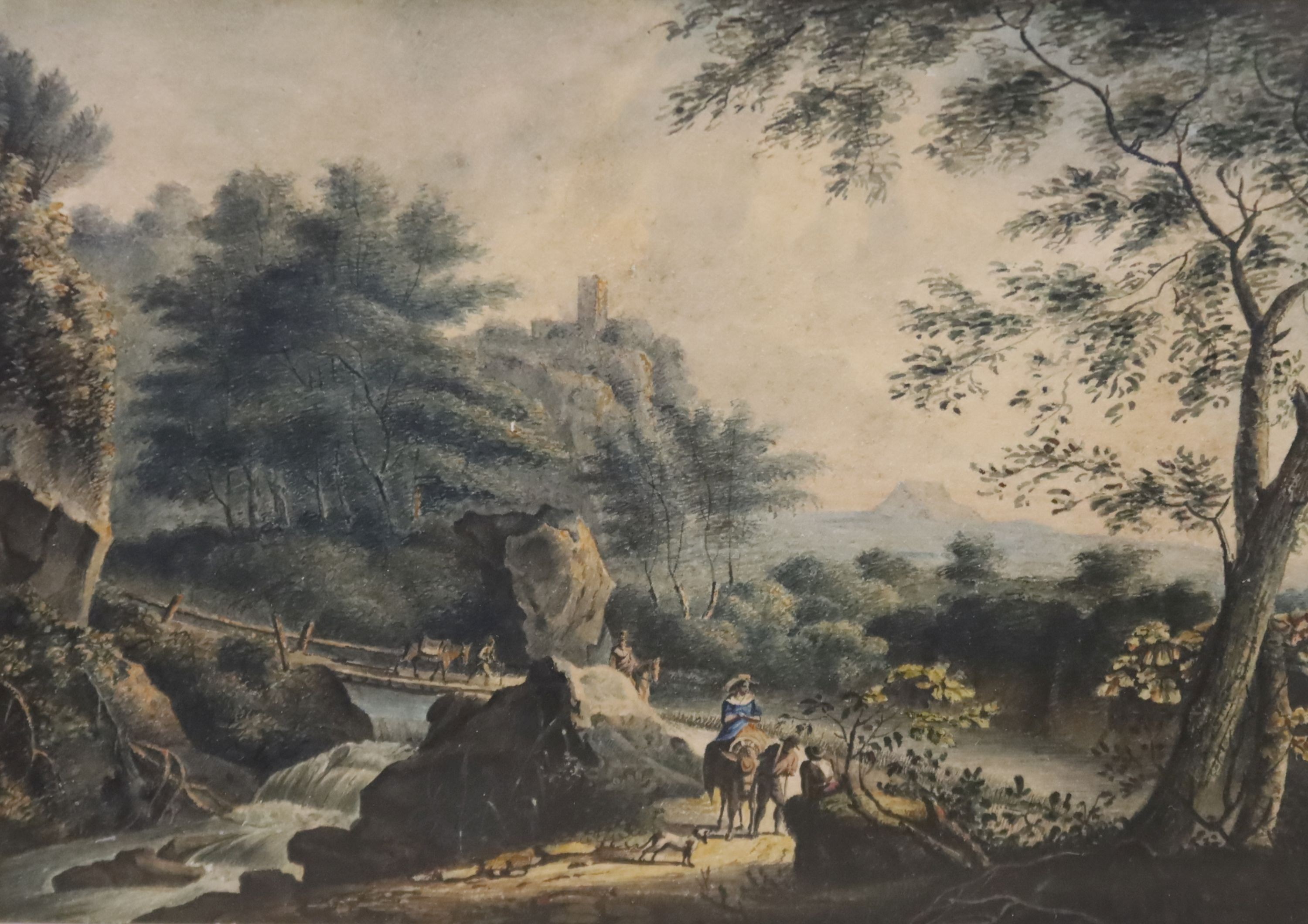 Manner of William Payne, watercolour, Travellers in a landscape, 11 x 16cm